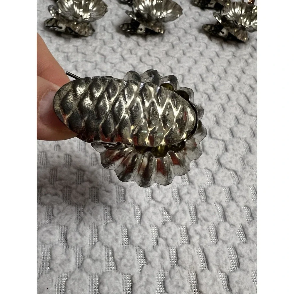 Vtg Silver Tin Christmas Tree Candle Clips Holder‎ Granny MCM Holiday Ornament